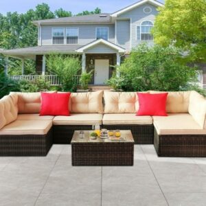 OMCCO 6 Seater Outdoor Rattan Patio Sofa Sets for Garden Furniture Outdoor Sofa with Glass Top Center Table Multiuse Sofa Set (Beige)