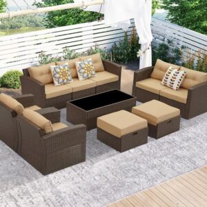 OMCCO 9 Seater Sofa Set Rattan & WickerOutdoor Garden Patio Seating Sofa Set with 1 Center Table Garden/Park/Porch/Poolside/Backyard,(Brown and Beige Color)
