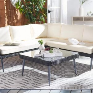 Omcco 3 PCS Patio Rattan Wicker Outdoor Sectional Conversation Sofa Set for Garden, Balcony, Poolside, Lawn, Backyard (Black & Cream)