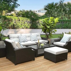 OMCCO 6PCS Outdoor Patio Furniture Sets,Garden Conversation Wicker Sofa Set,and Patio Sectional Furniture Sofa Set with Coffee Table for Lawn, Backyard, and Poolside (Black and Offwhite)