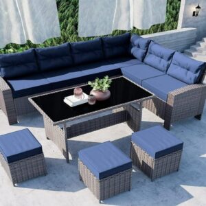 OMCCO 9 Seater Balcony Sofa Set Patio Furniture Set, Outdoor Sectional L-Sofa with Dining Table, All Weather Wicker Patio Conversation Sets with Ottomans(Nevy Blue)