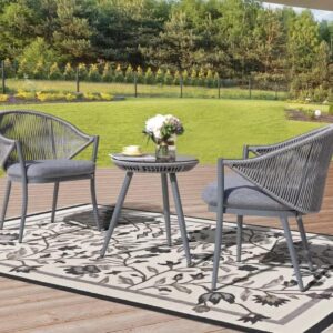 OMCCO 3-Piece Modern Grey Rope Bistro Patio Set - Grey Cushions for Balcony, Backyard, or Porch