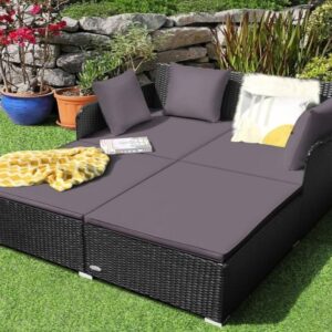 OMCCO Outdoor/Pool/Side/Garden/Balcony/Porch/Backyard/Terrace/Patio/Beach/Rectangular Sofa Wicker Unique Design Daybed Furniture Set.(Black & Grey)