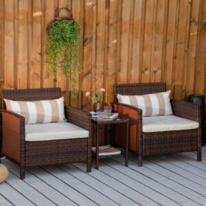 OMCCO Rattan and Wicker Patio Sofa 2 Seater Table and Chair Set Conversation Bistro Set Outdoor Furniture Sets for Garden Balcony Backyard Porch Lawn (Beige)