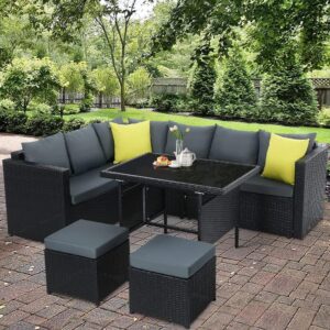 OMCCO 7 Seater L Sofa Patio Furniture Sets with Dining Table Outdoor All-Weather Sectional Rattan and Wicker Patio Sofa Set with Cushioned Ottomans for Garden Poolside Balcony (Black and Grey)