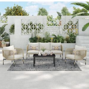 OMCCO Outdoor Rope 5-Seater Sofa Set | Balcony Sofa | Patio Conversation Sets |Rope Garden Sofa Set and Center Table Balcony Sofa Set (Beige)