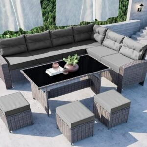 OMCCO 9 Seater L-Shape Patio Rattan Dining Set Cushioned Chairs Ottoman Tempard Glass Table Top Outdoor Dining Table for Porch Lawn Garden Backyard. (Grey)