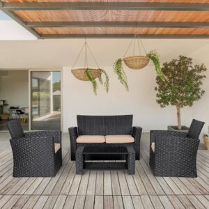 Omcco Outdoor 4 Seater Sofa Set || Balcony Sofa || Patio Furniture Sets || Indoor Sofa|| Wicker Rattan Garden Sofa Set with Cushion and Center Table (Black/Beige)
