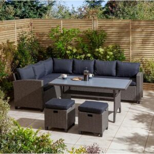 OMCCO 8 Seater L Sofa Balcony Furniture Patio Sofa Set Outdoor Furniture Sectional All-Weather Wicker Rattan Sofa, Garden Lawn Pool Backyard, Waterproof (Dark Brown and Blue Color)