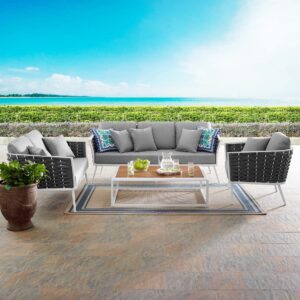 OMCCO 4-Piece 6 Seater Sofa Waterproof Weaving Rope and Wooden Top Table Outdoor Sofa Set with Powder-Coated Iron Conversation Bistro Set for Balcony, Lawn,Garden,Couch, Backyard (Beige & Grey)