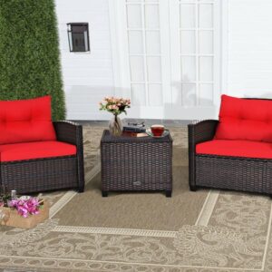 OMCCO Rattan and Wicker 2 Seater Cushioned Patio Conversation Bistro Set with 1 Center Table Outdoor Garden Conversation Set for Backyard Porch Lawn (Red)