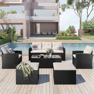 OMCCO 6 Piece Patio Dining Table Set with Otomans Outdoor Furniture Sofa HDPE Rattan Wicker Conversation Set for Garden/Balcony/Poolside.(Dark Brown and Beige Color)