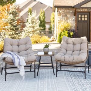 Omcco  Patio Furniture Set 3 Piece Porch Backyard Garden Outdoor Furniture Rattan Chairs with Cushions for Garden, Balcony, Lawn, Backyard (Beige and Cream)