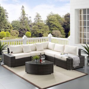 Omcco 3-Piece L-Shaped Outdoor Patio Set with HDPE Rattan Wicker for Porch, Lawn, Garden, Backyard (Dark Brown & Off White)