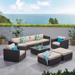Omcco Outdoor Patio Manual Weaving Wicker Sectional Sofa HDPE Rattan Couch Furniture Set with Ottoman, Table and Cushions for Porch, Lawn, Garden (Dark Brown & Cream)