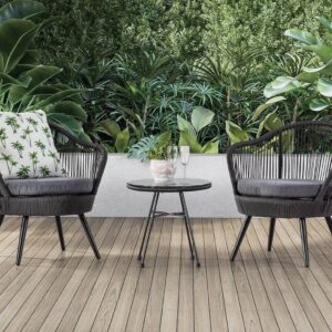 OMCCO 3-Piece Patio Set Black Woven Rope, Grey Cushions. All-Weather Bistro Set with Table & Chairs. Perfect for Outdoors