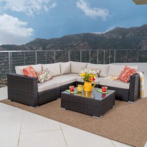 Omcco  3-Piece Outdoor Patio Furniture Set L-Shape Sectional Sofa with Coffee Table & Washable Cushions for Garden, Poolside, Terrace, Backyard (Dark Brown & Cream)