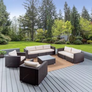 Omcco 5 Piece Patio Furniture Outdoor Sectional Sofa HDPE Wicker 7 Seater Conversation Set with Washable Cushion and Center Table for Porch, Lawn, Garden, Backyard (Dark Brown and Cream)