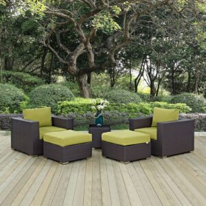 Omcco Patio Conversation Set 5 Pieces Outdoor HDPE Wicker Rattan Sofa Furniture Cushioned and Ottomans with Table for Garden, Porch, Pool, Balcony (Dark Brown and Green)