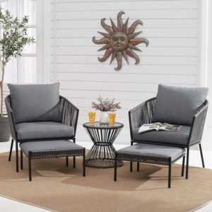 Omcco 5 Piece Rope Conversation Patio Set with Ottoman & Glass Top Coffee Table for Indoor Outdoor, Garden, Balcony, Backyard,Terrace (Grey)
